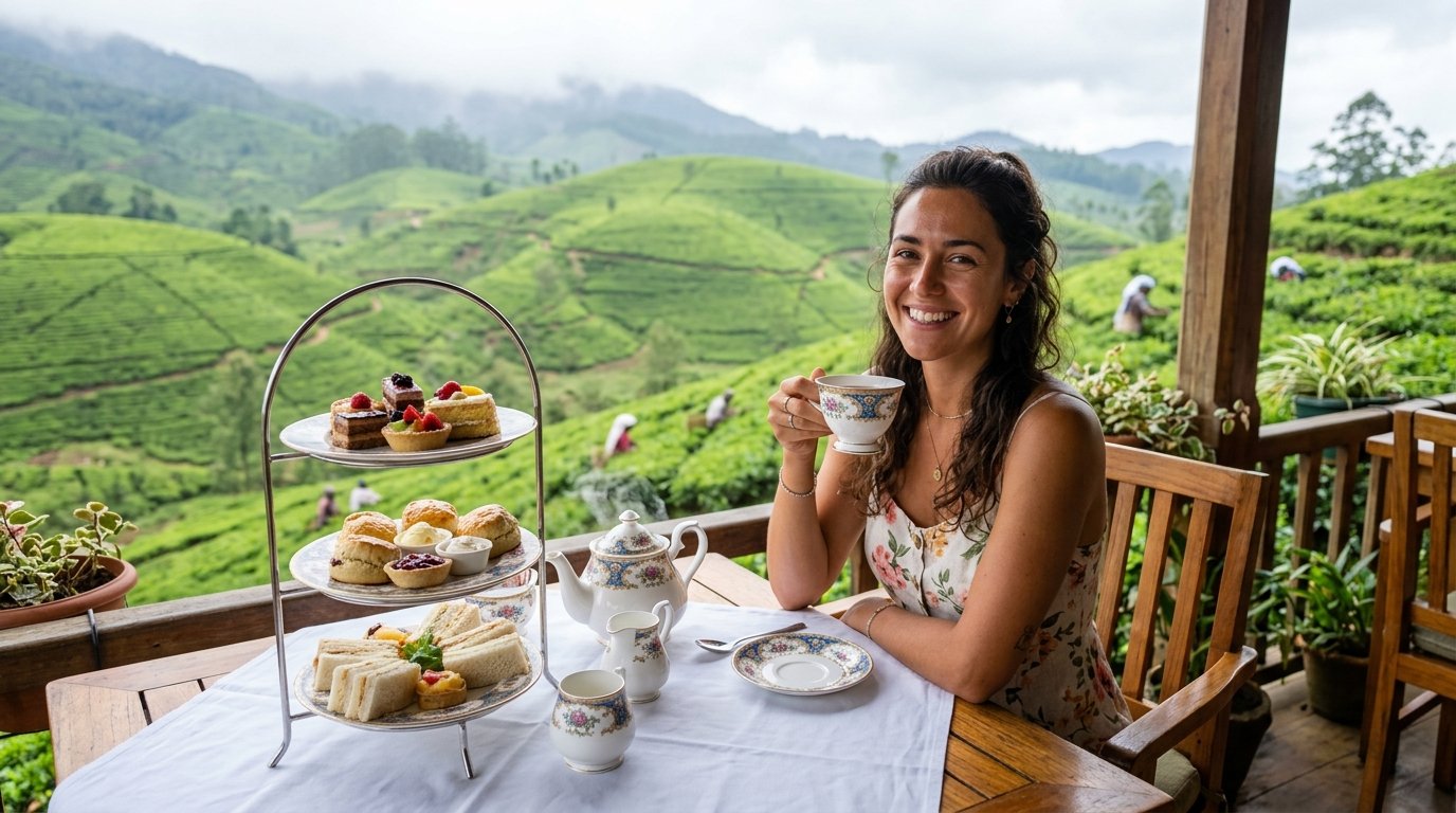 Tourist tasting tea at a plantation during a Sri Lankan tea culture tour